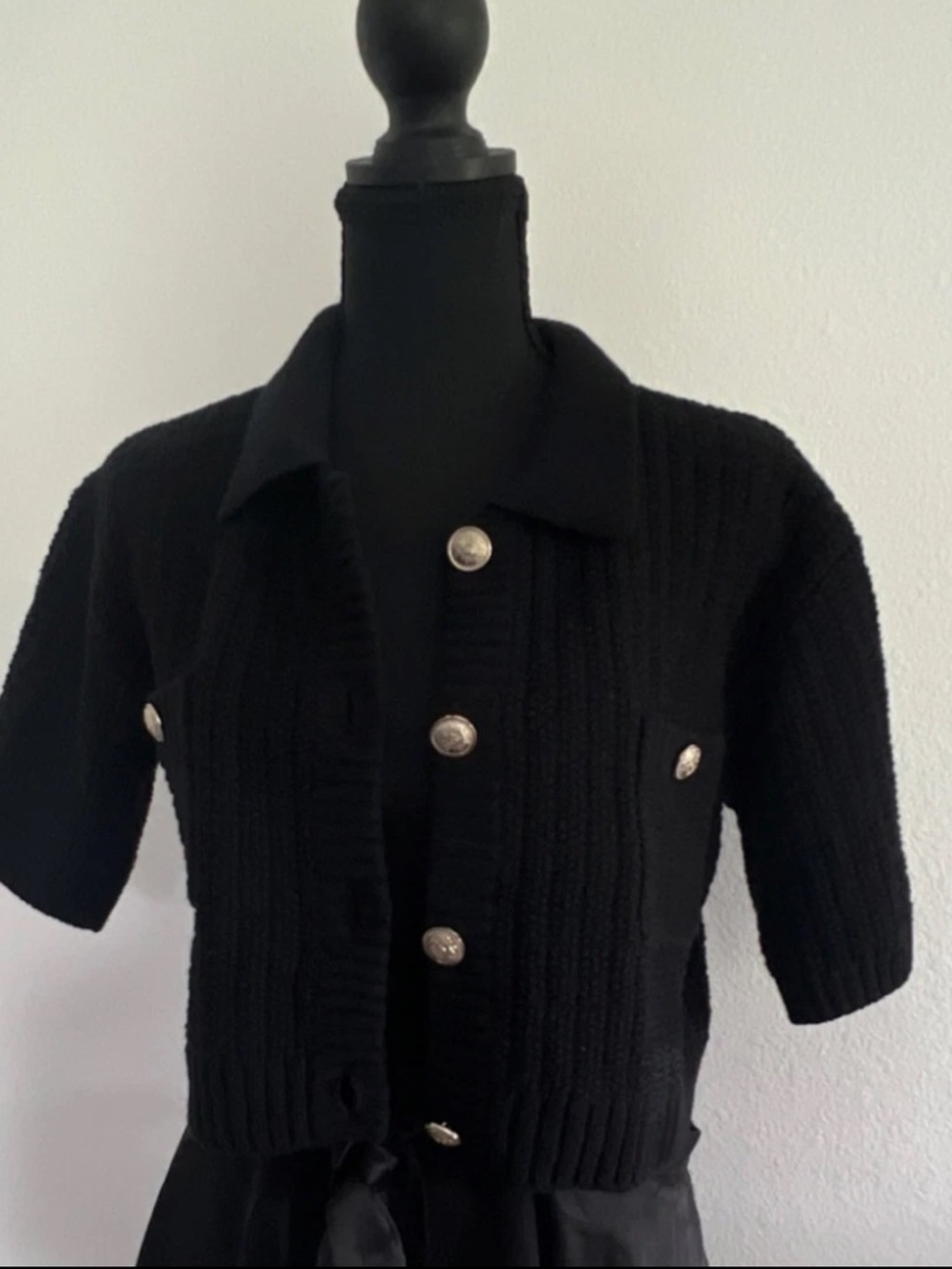 H&M Black Knit Short-Sleeve top with Silver Buttons